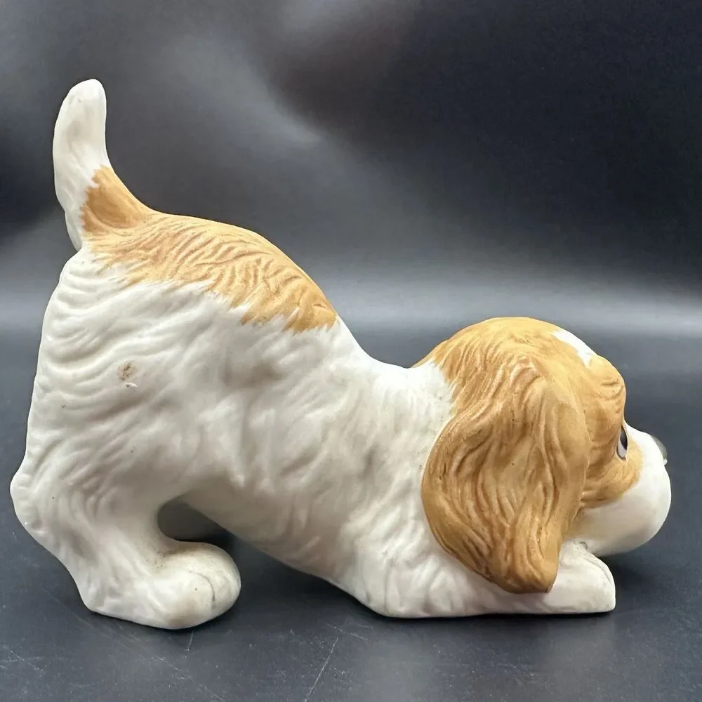 Vintage Homco #1407 Puppy Dog Bisque Porcelain Buff White Cocker Spaniel 3.5”